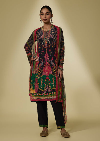 Black Viscose Straight Kurta Set With Multicolor Embroidery