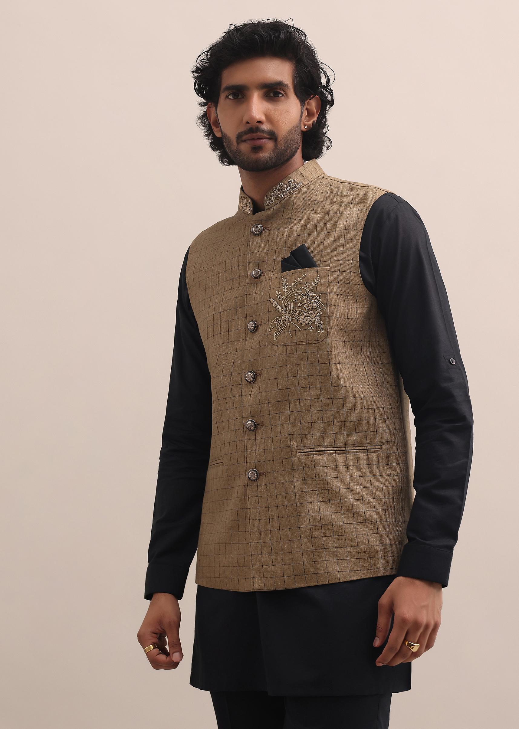 Buy Black And Brown Embroidered Silk Kurta Jacket Set For Men