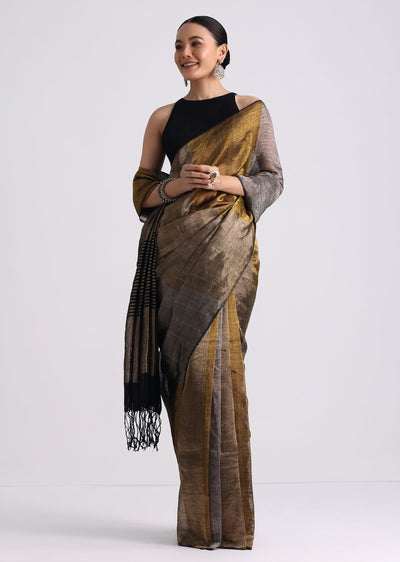 black coloblock linen tissue woven saree-sg262484 3