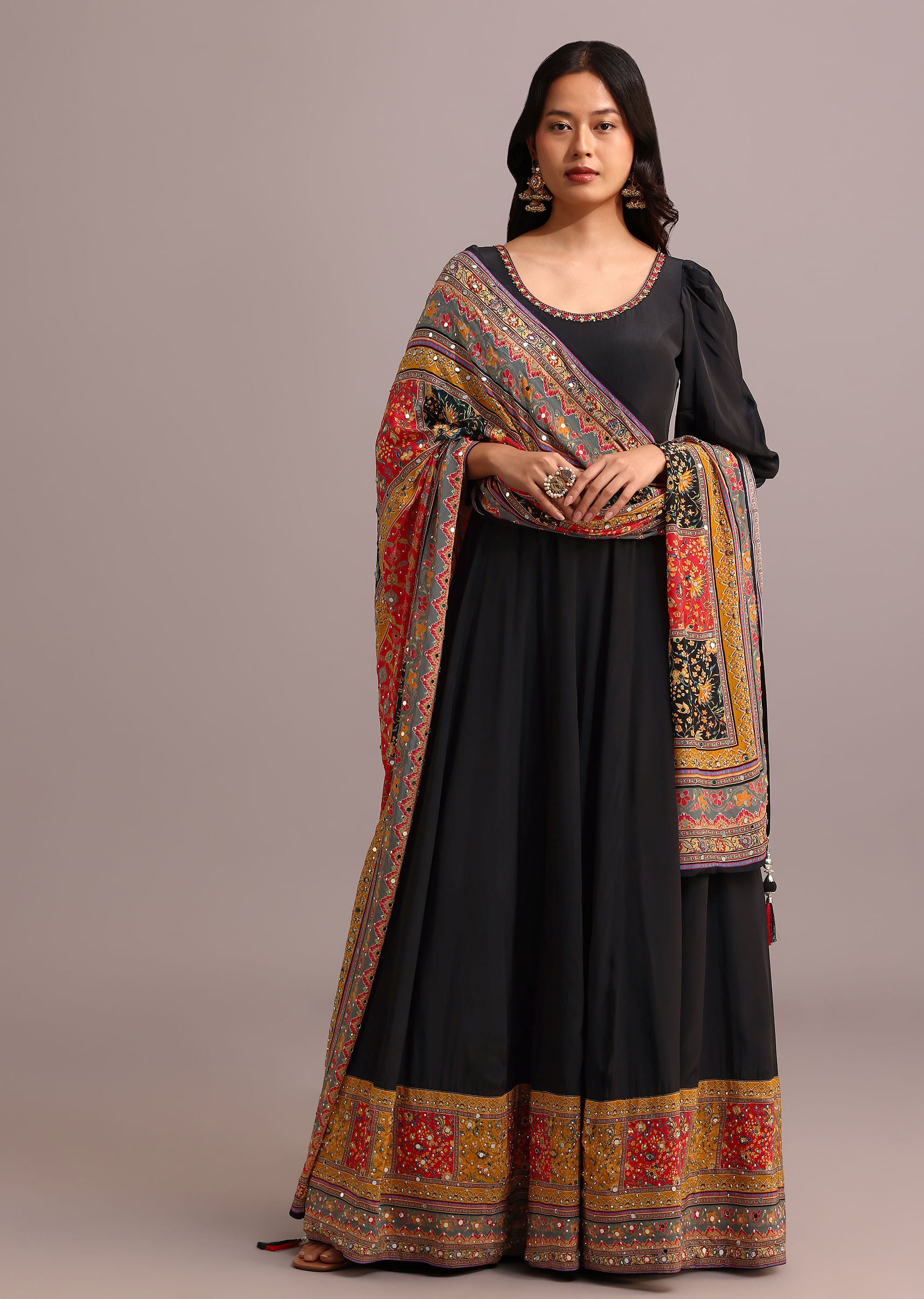 Buy Black Embroidered Anarkali With Printed Dupatta | KALKI Fashion India Buy Black Embroidered Anarkali With Printed Dupatta | KALKI Fashion India