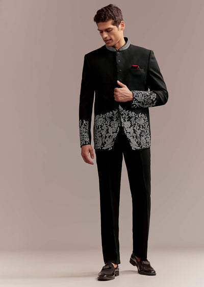 black jodhpuri suit for men with silver floral and bird-sg356334-1 1