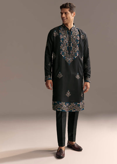 black modal kurta set for men with floral resham-sg322100-1-nosto 7