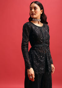 Black Net Kurta Palazzo Set In Sequin Work
