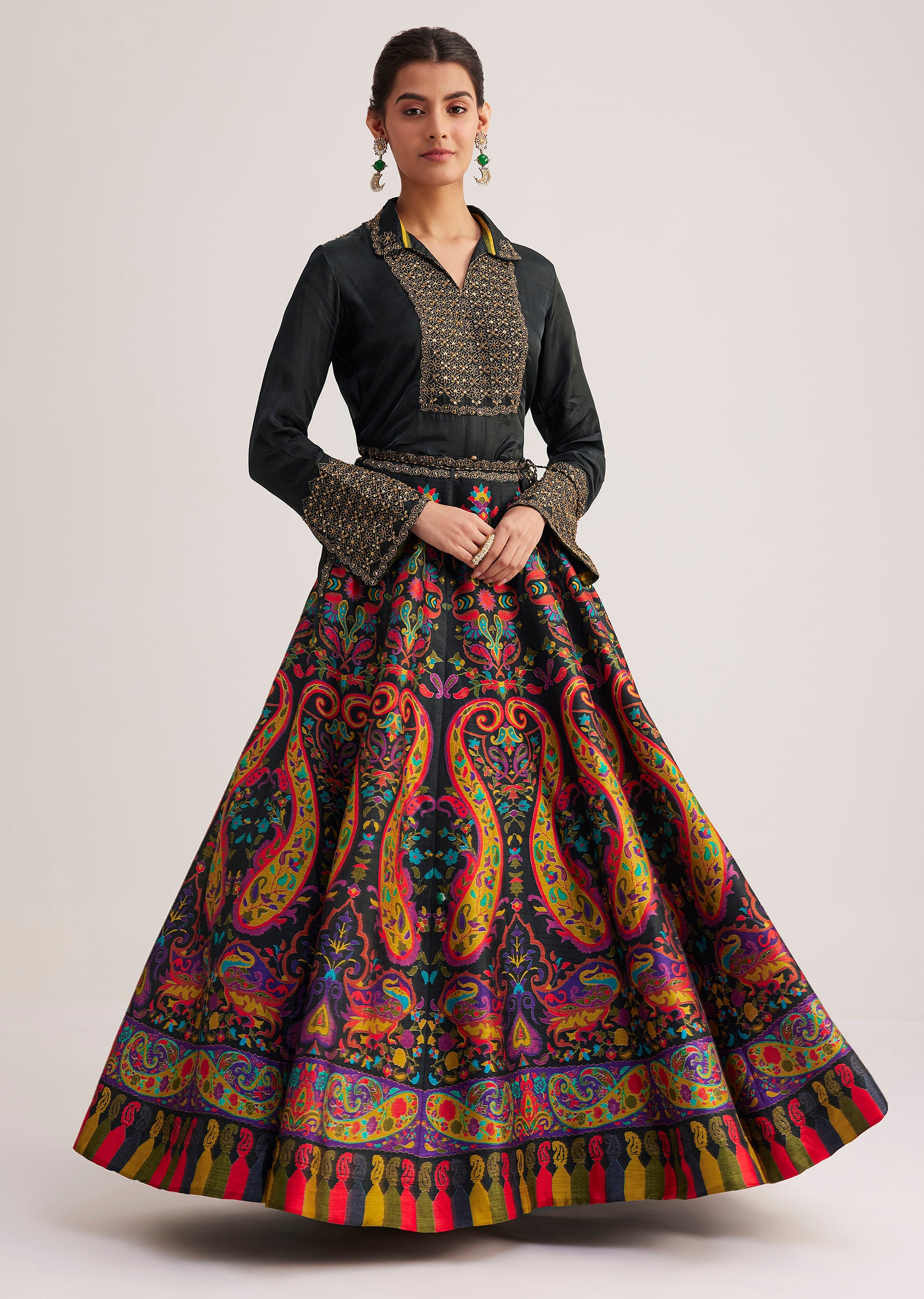 black_silk_shirt_and_skirt_set