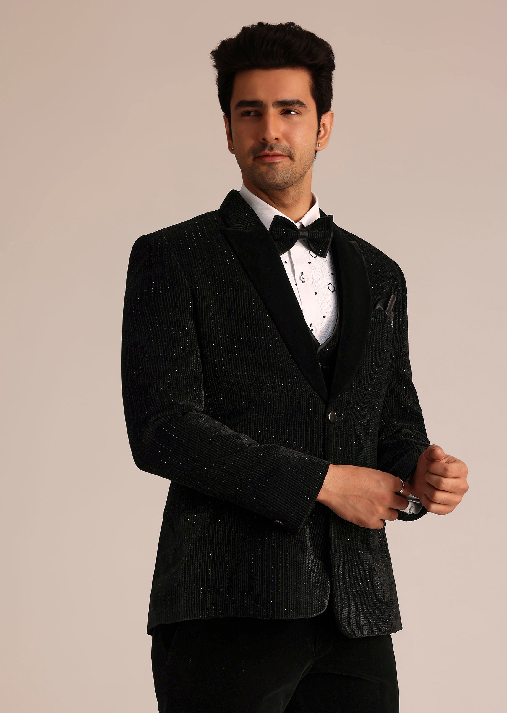Black Tuxedo Suit With Classic Bow Tie KALKI Fashion India