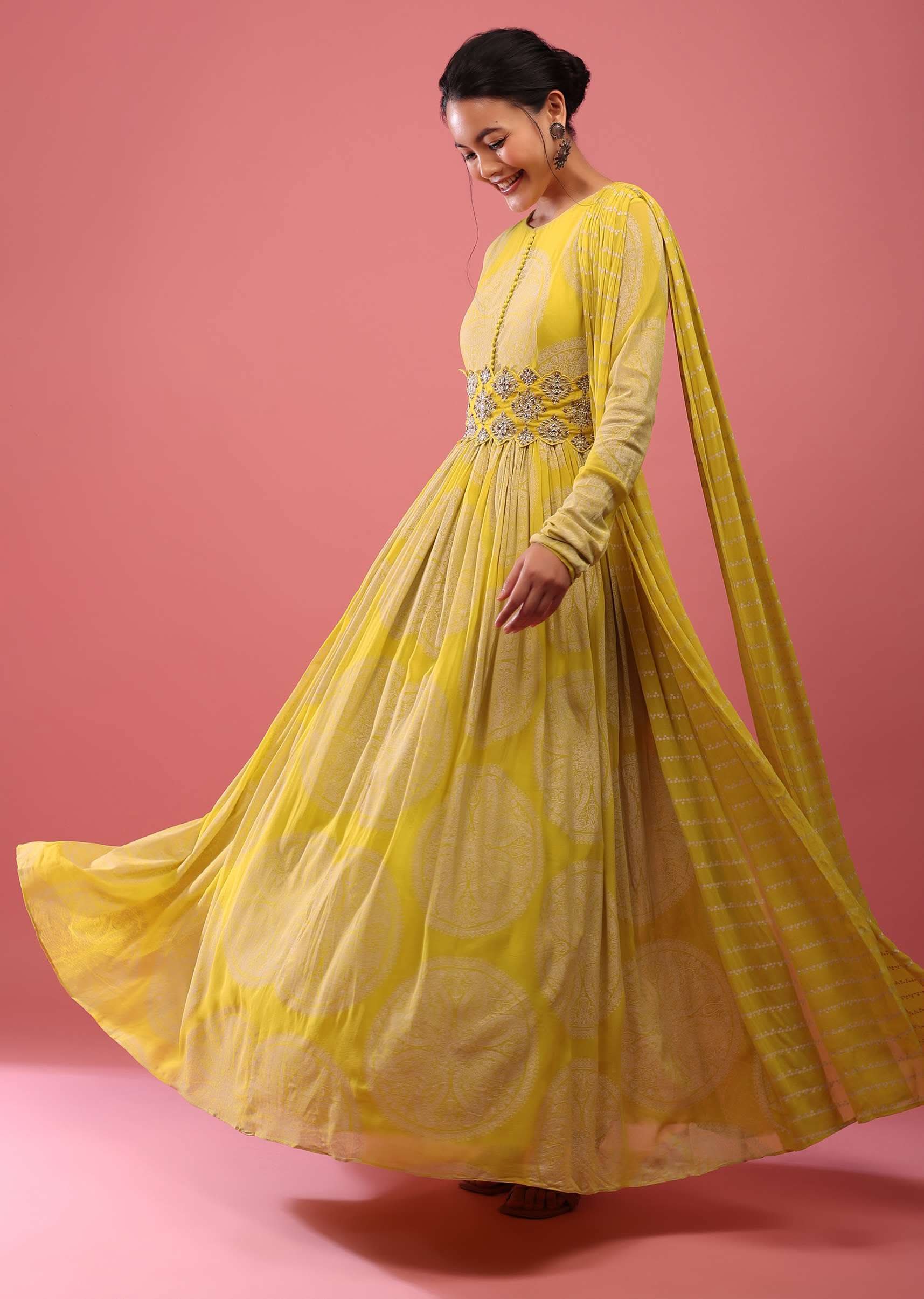 Buy Canary Yellow Anarkali Suit In Georgette With Attached Dupatta And  Floral Embroidered Waistbelt - Main Image