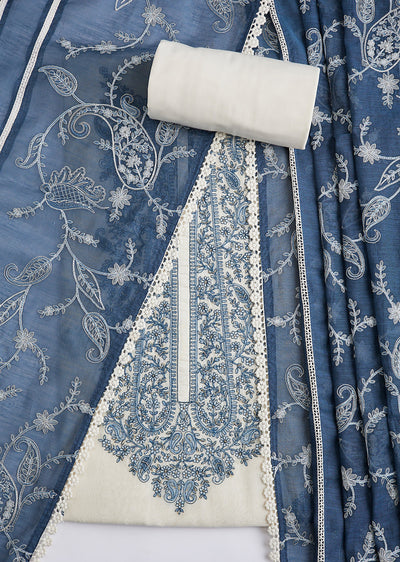 Blue And White Cotton Resham Embroidered Dress Material Set