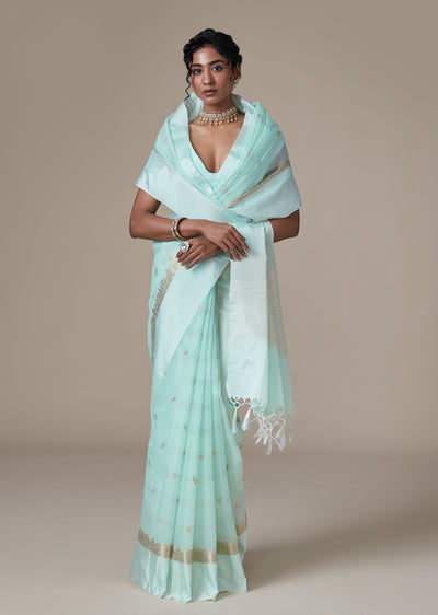 Blue Chanderi Saree With All Over Zari Woven Motifs