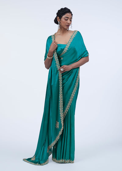 Blue Chinon Embellished Border Saree With Unstitched Blouse