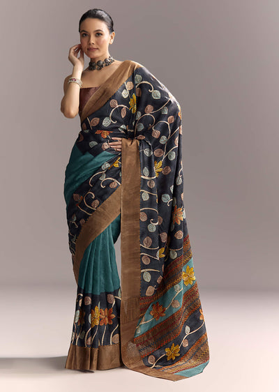 blue-cotton-hand-painted-saree-with-floral-motifs-and-brown-border-sg317771-1