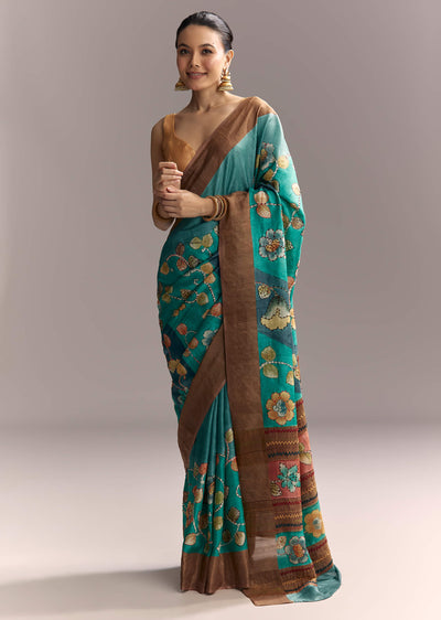 blue-cotton-silk-hand-painted-saree-with-brown-border-sg317770-1