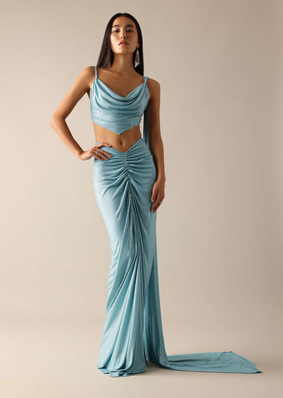 blue-cowl-draped-blouse- -gathered-skirt-set-sg182958 4