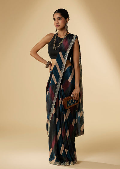Blue Crepe Leheriya Digital Printed Saree With Unstitched Blouse