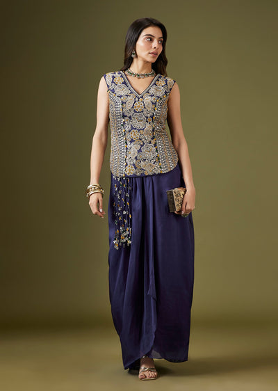 Blue Embroidered Crop Top Drape Skirt Set
