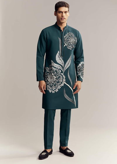 blue-kurta-set-for-men-with-floral-print-and-beads-work-on-suiting-fabric-sg350168-1