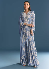 Blue Muslin Floral Print Kurta Sharara Suit With Moti Cutdana Work