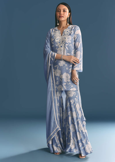 Blue Muslin Floral Print Kurta Sharara Suit With Moti Cutdana Work