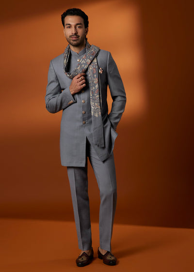 Blue Pashmina Sherwani With Embroidered Pashmina Dupatta