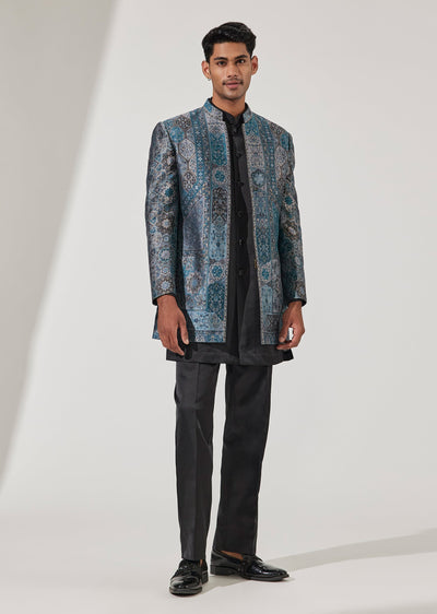 Blue Pashmina Silk Woven Indo Western Set