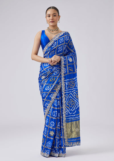 Blue Satin Tie And Dye Bandhani Saree