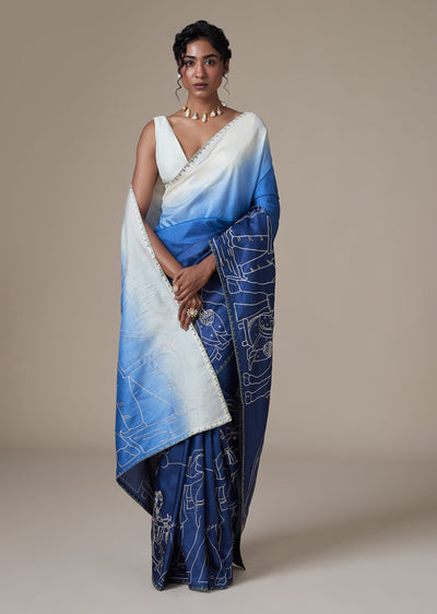Blue Tussar Ombre Saree With Resham Thread Motif Embroidery