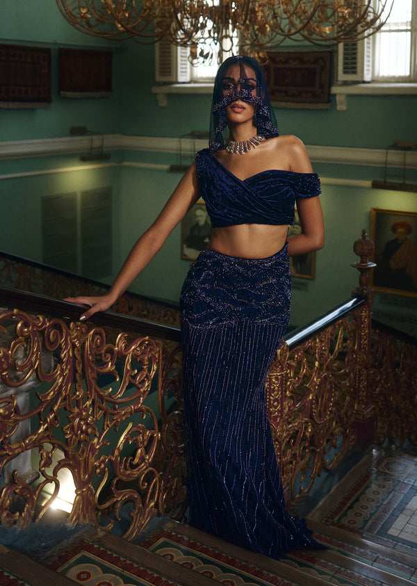 Blue Velvet Embellished Indo Western Lehenga