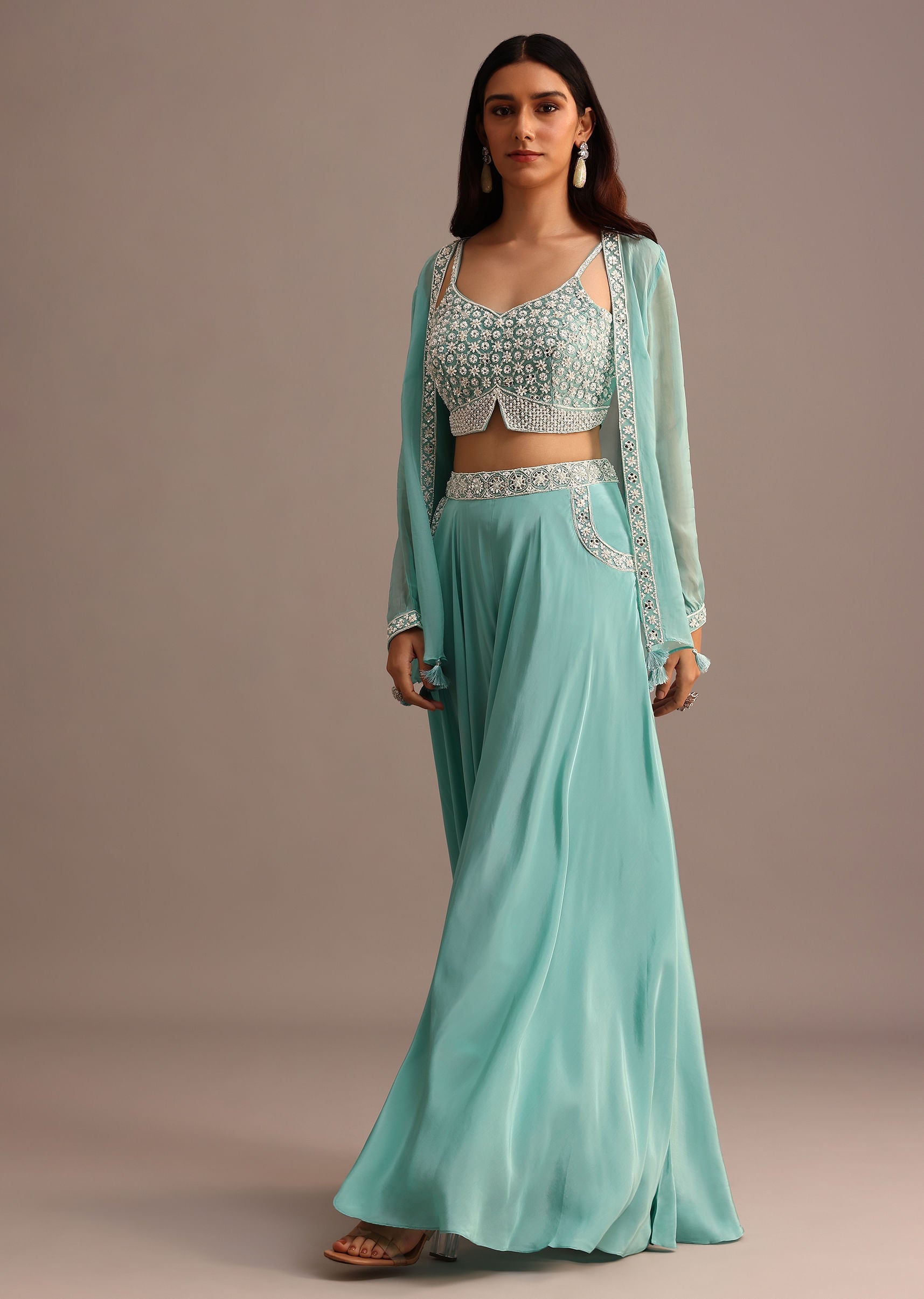 Blue Embellished Croptop Palazzo Set With Organza Jacket KALKI