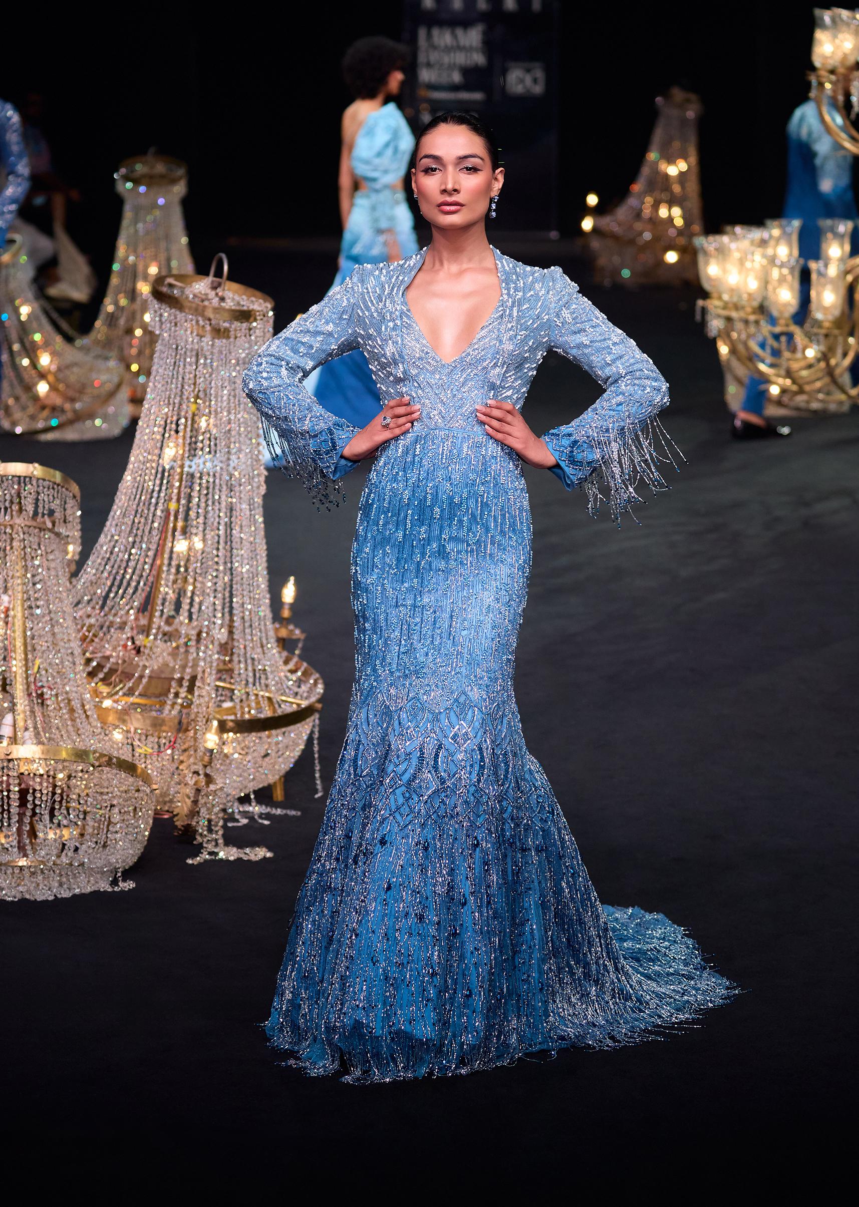 Buy Blue Fish Cut Ombre Trail Embroidered Gown| KALKI Fashion India