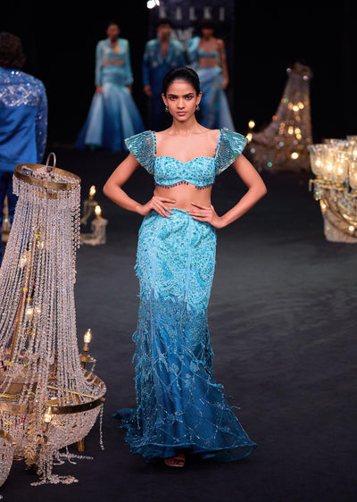 blue fish cut ombre trail skirt and tassel embellished-sg226251