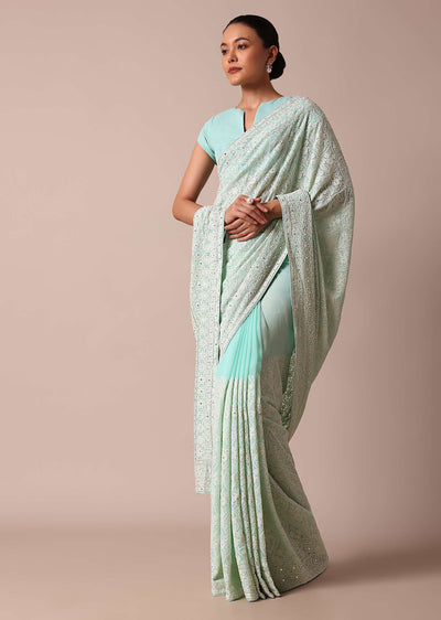blue lucknowi chikankari saree with sequin work an-sg217162 20