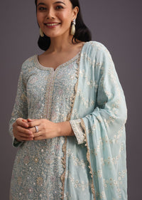 Blue Lucknowi  kurta set With Resham Work Dupatta And Gotta Border