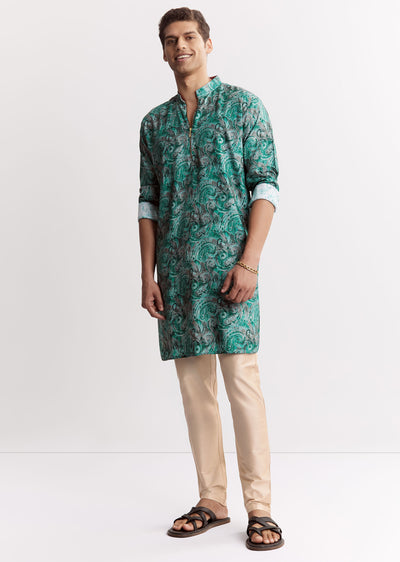 blue silk printed kurta set-sg302277-1 6