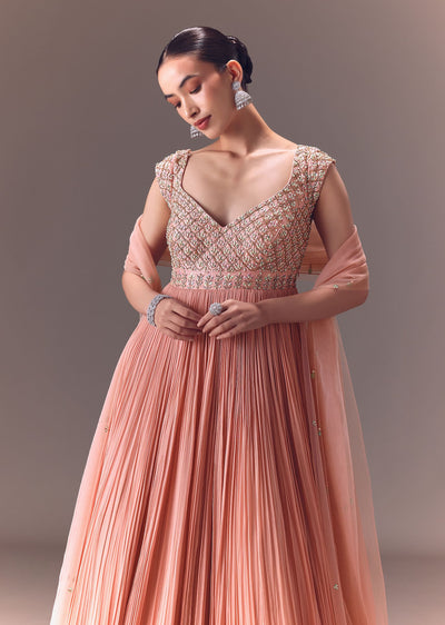 Blush Pink Ruched Anarkali Gown With Dupatta