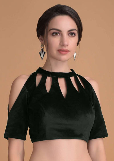 bottle green blouse in velvet with cut out on the neckline online - kalki fashion 3
