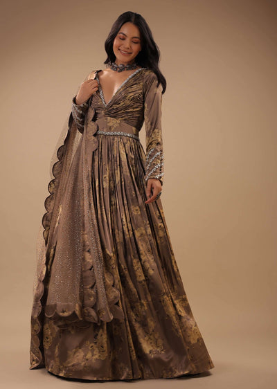 brown anarkali in floral printed satin with heavy-sg108918 1