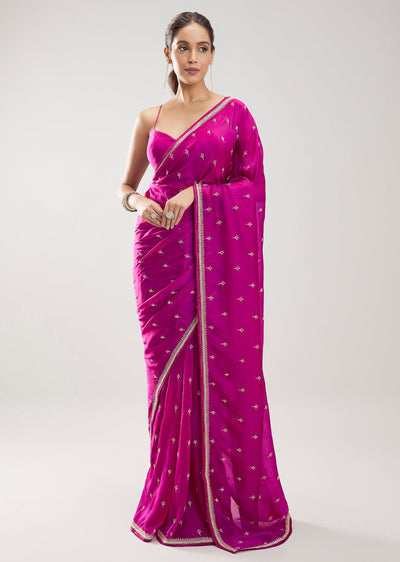 Burgundy Silk Saree With Cut Dana Embellished Butti Work