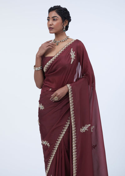 Burgundy Silk Saree With Scattered Butti Embroidery And Unstitched Blouse