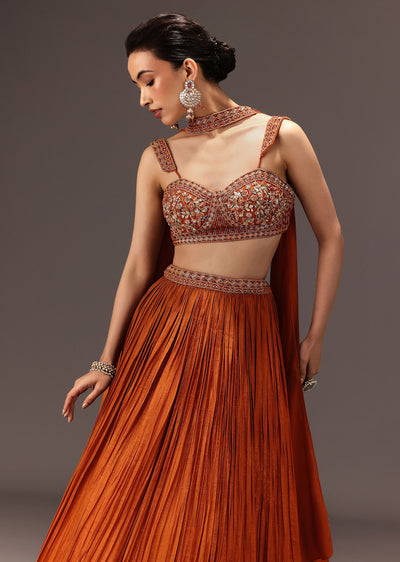 burnt rust organza hand embellished ruched lehenga set with -sg276482 4 bdac930c-38a1-4e4a-8320-e764f8c4cff6