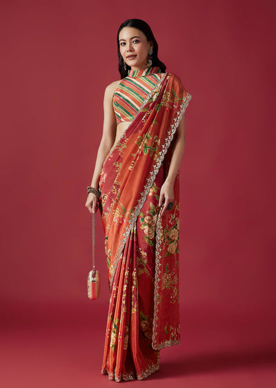 Coral Floral Printed Crepe Saree With Mirror And Gotta Border