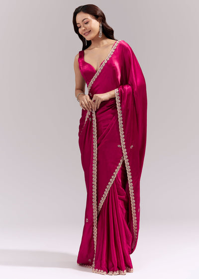Coral Red Satin Chinon Saree With Scalloped Moti Embroidered Border And Buttis