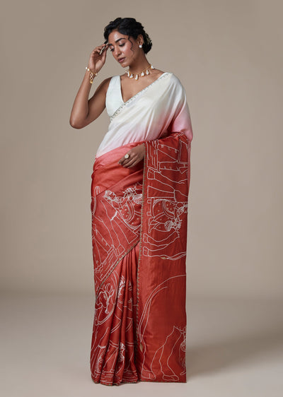 Coral Tussar Ombre Saree With All Over Resham Embroidered Motifs
