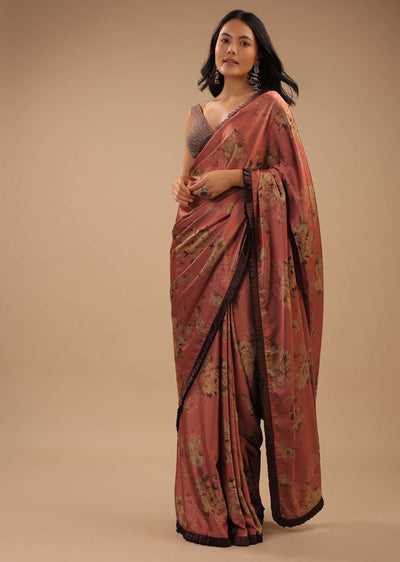 coral peach saree with brown frill borders-sg107945 2