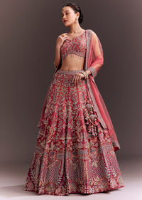 Coral Pink Embroidered Lehenga Set With Net Dupatta
