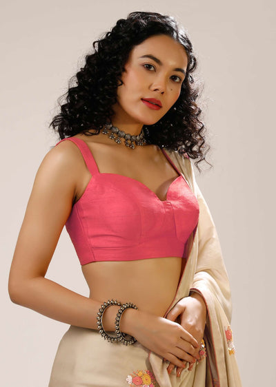 coral sleeveless blouse in raw silk with corset neckline and straps on the shoulder online - kalki fashion - sg77301 2