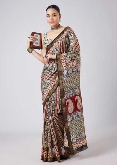 Cream Block Print Motif Saree with Unstitched Blouse