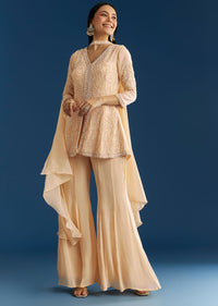 Cream Chinon Moti Embroidered Kurta Palazzo Set With Choker Style Dupatta