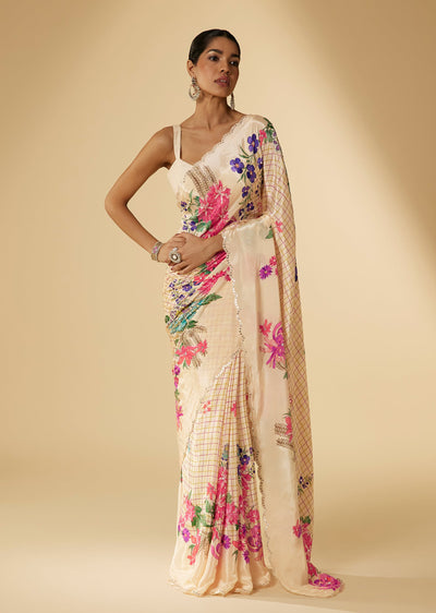 Cream Crepe Floral Digital Print Saree With Abla Embellished Border Pallu With Unstitched Blouse