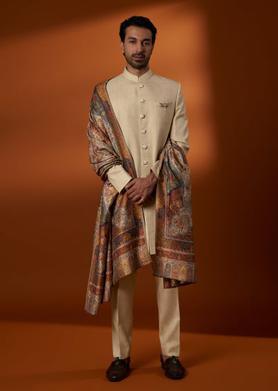 Cream Pashmina Sherwani With Printed Pashmina Dupatta