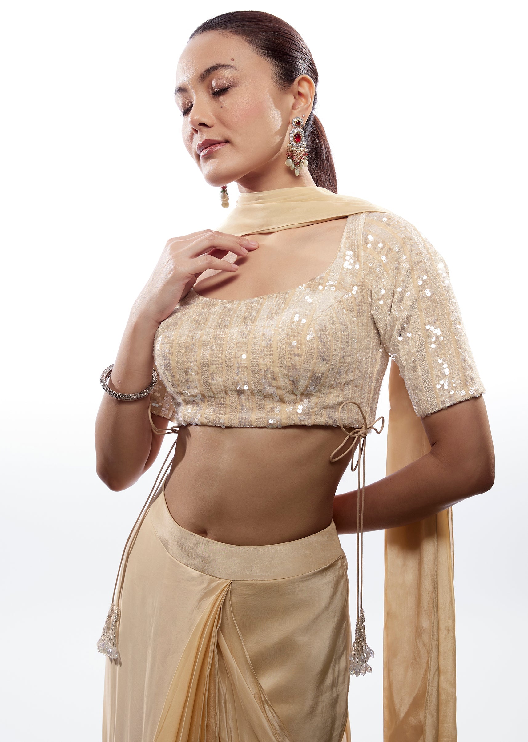 Buy Cream Scoop Neck Blouse With Side Dori And Elastic Back