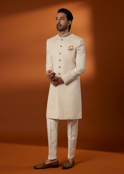 Cream Silk Embroidered Sherwani Set